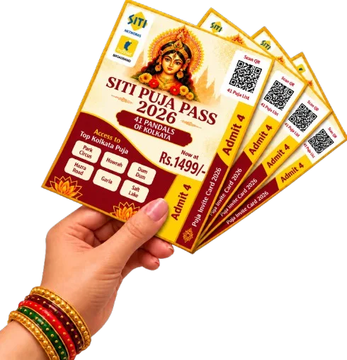 A hand holding four SITI Puja Pass 2026 invite cards, each admitting 4 people
